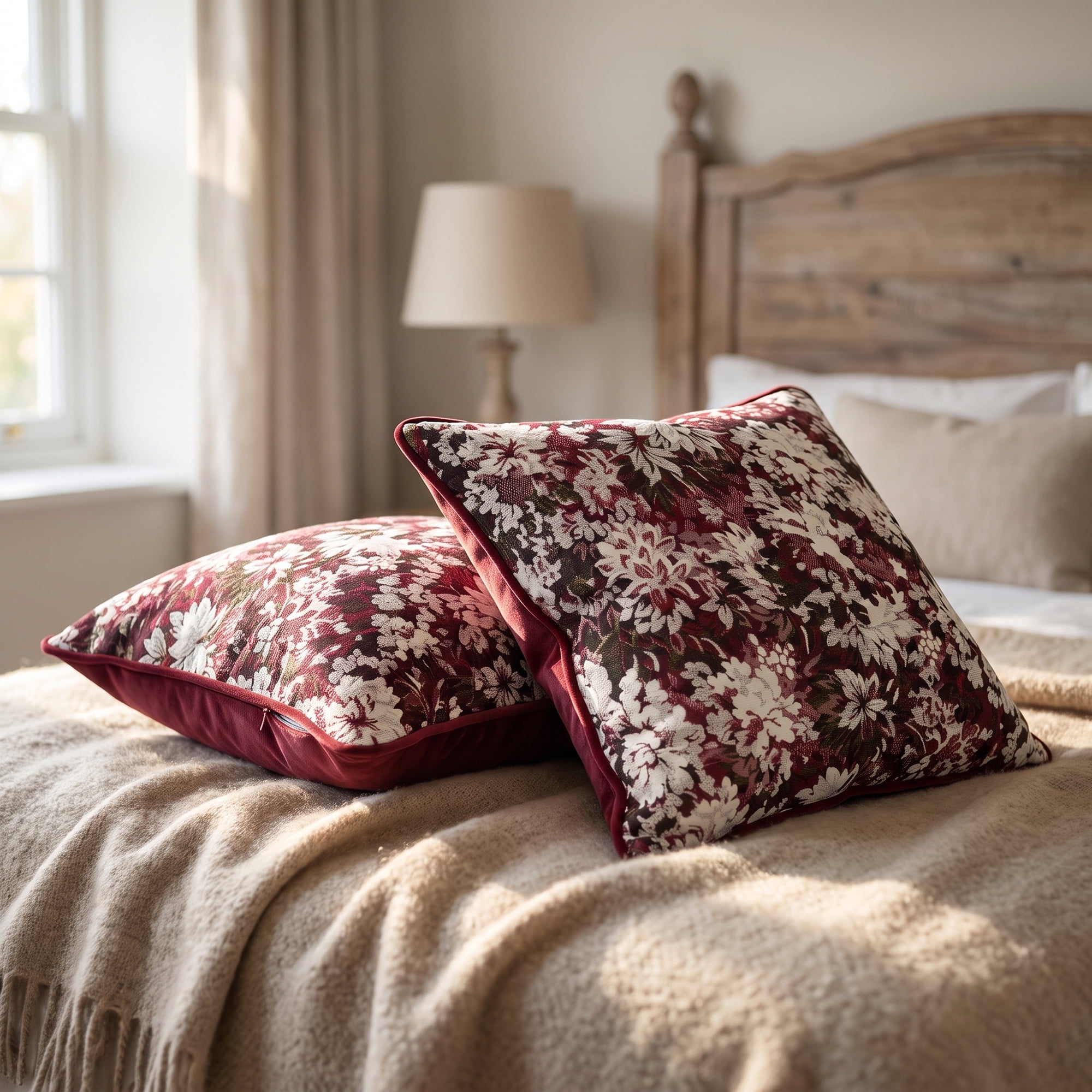 Unique Bargains Floral Throw Pillow Cover with Piped Edge Decor Cushion Case Red 18" x 18"