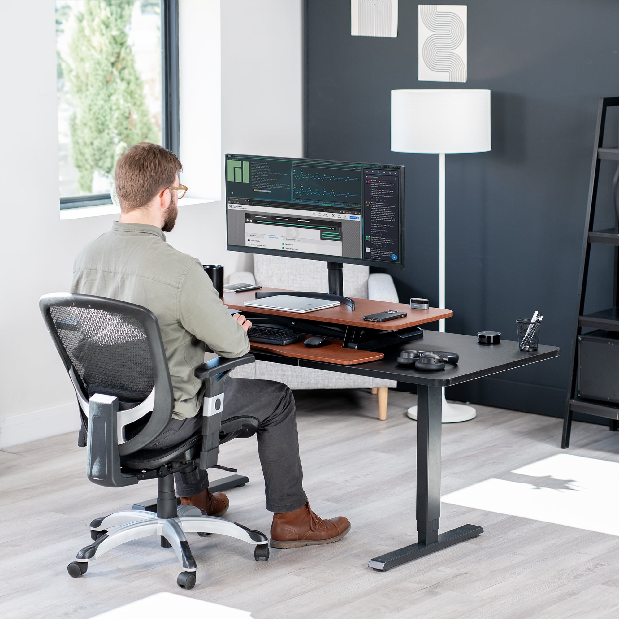 VIVO Adjustable 42" Standing Desk Monitor Riser, Dark Walnut Top, Black Frame