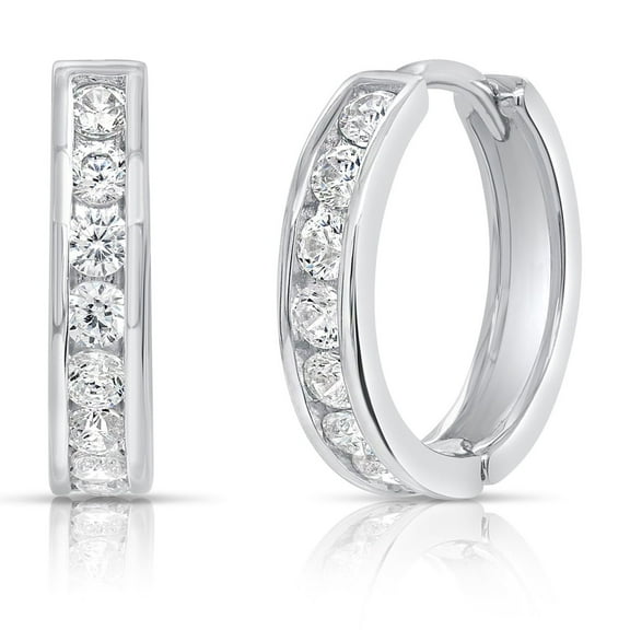 Tilo Jewelry Solid 925 Sterling Silver Round Huggie Hoop Earrings with Cubic Zirconia CZ Stones | 16mm Small | Dainty Everyday Earrings for Women & Unisex