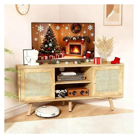 Corner TV Stand for 55 inch TV, Corner Entertainment Center with Storage, Boho Media Console with Rattan Doors, Solid Wood Feet, 2 Cord Holes, for Living Room - Natural