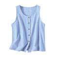 thumbnail image 2 of Spring Summer Shirts for Women Vertical Striped Button Front Tank Tops Scoop Neck Linen Blend Top Breathable Office Casual Summer Blouse Blue XL, 2 of 7