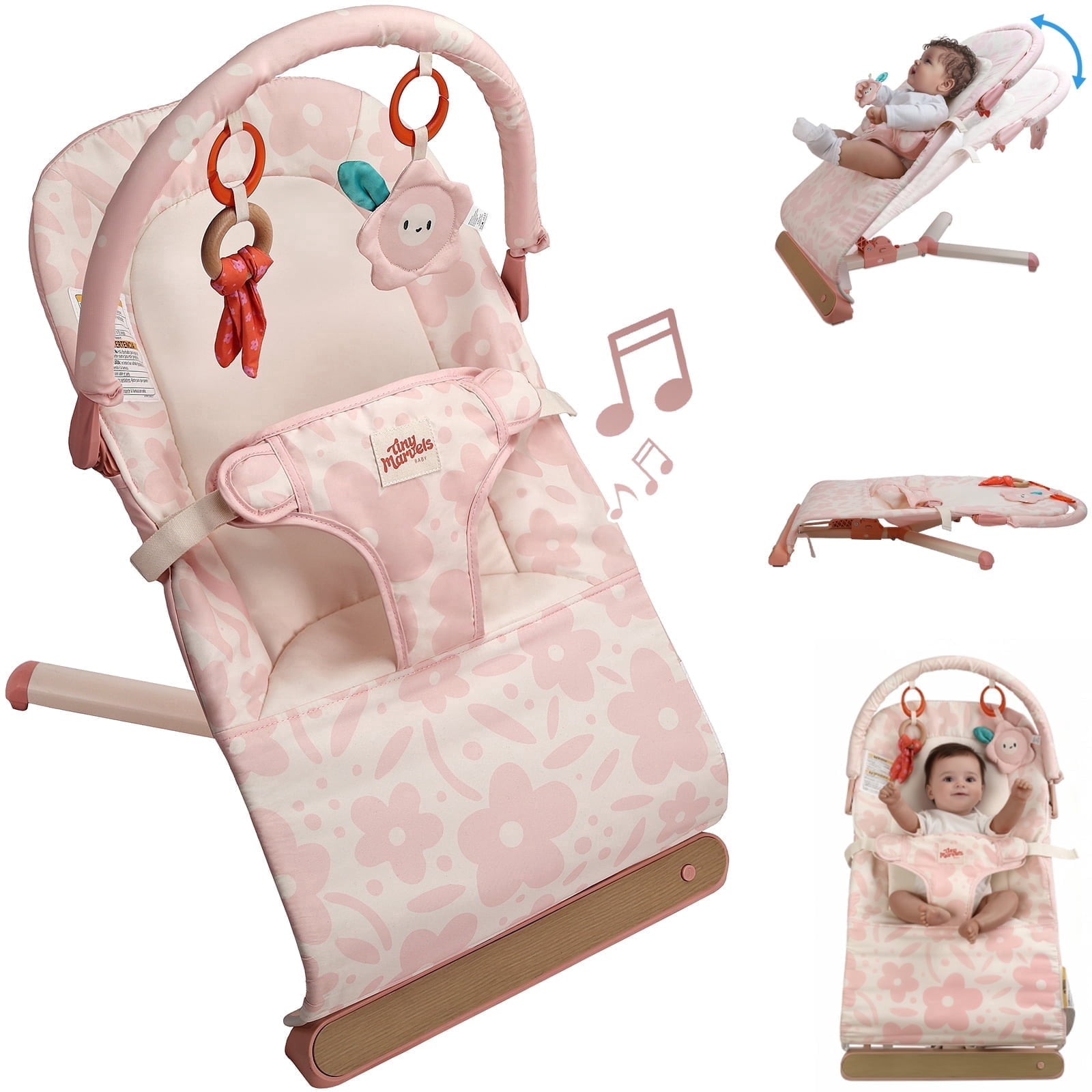 Tiny Marvels Baby Bouncer Seat 0–12 Months, Ergonomic Portable Design with 3-Point Harness, Soothing Music & Removable Toy Bar, Foldable Baby Seat for Newborns & Toddlers Under 20 lbs