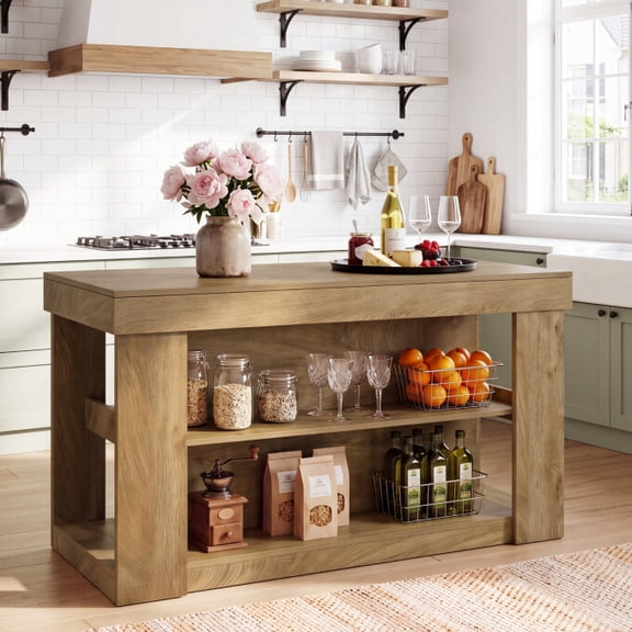 Finmind 55" Farmhouse Kitchen Island with 2 Storage Shelves, Counter Height Table with Seating