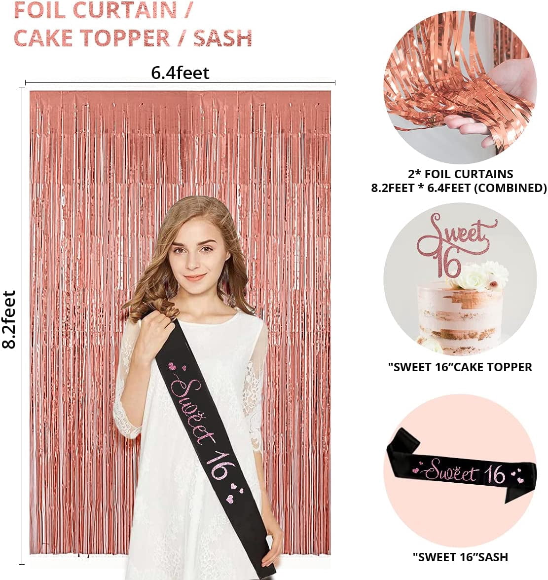 Rose Gold Sweet 16 Birthday Decorations With Photo Booth Backdrop and Props Sweet 16th Birthday Party Supplies Happy Birthday Banner, Confetti & Mylar Balloons, Curtains, Sash, Cake Topper, Tablecloth