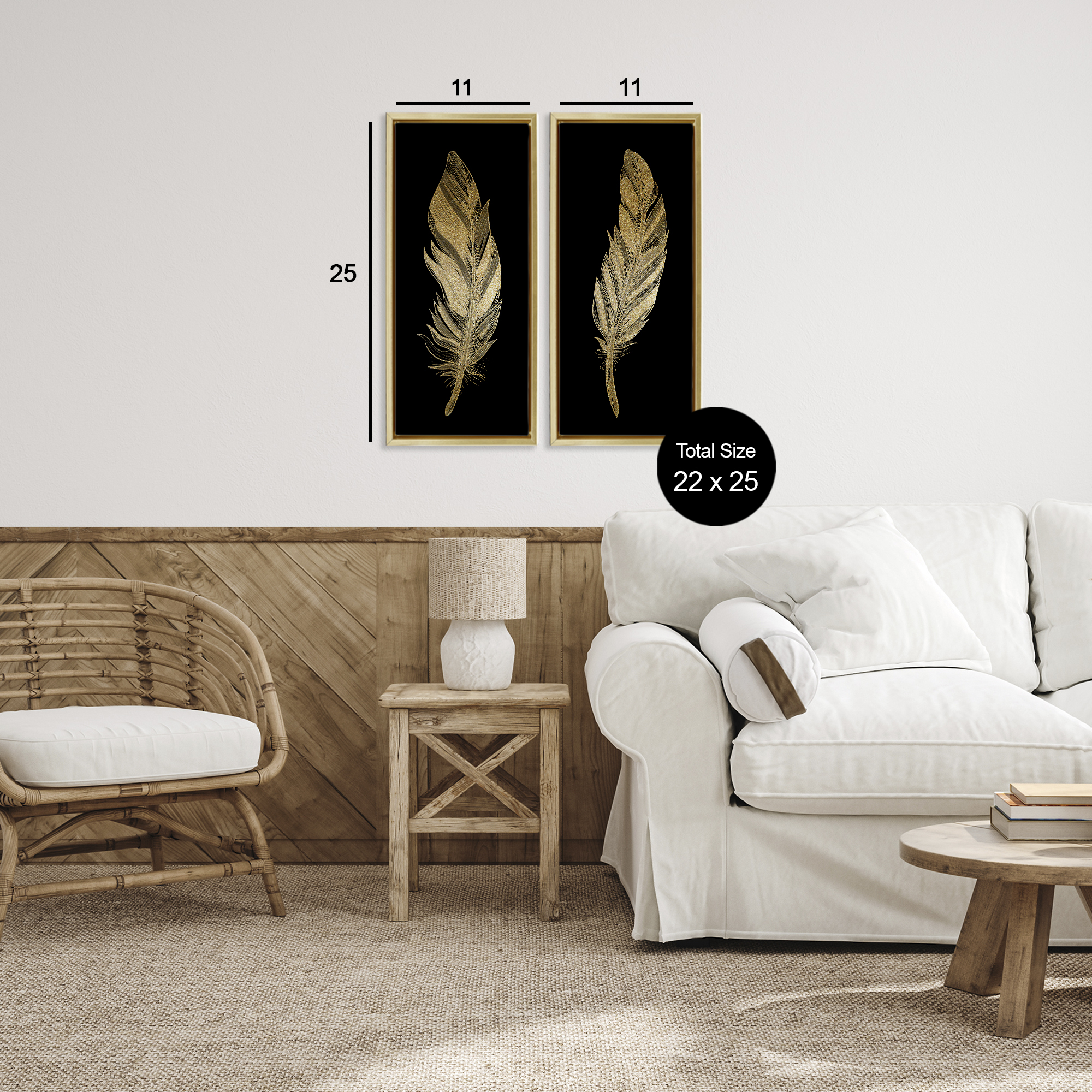 Glam Detailed Feather 2 Piece Gold Framed Floater Canvas Set, design by Kim Allen