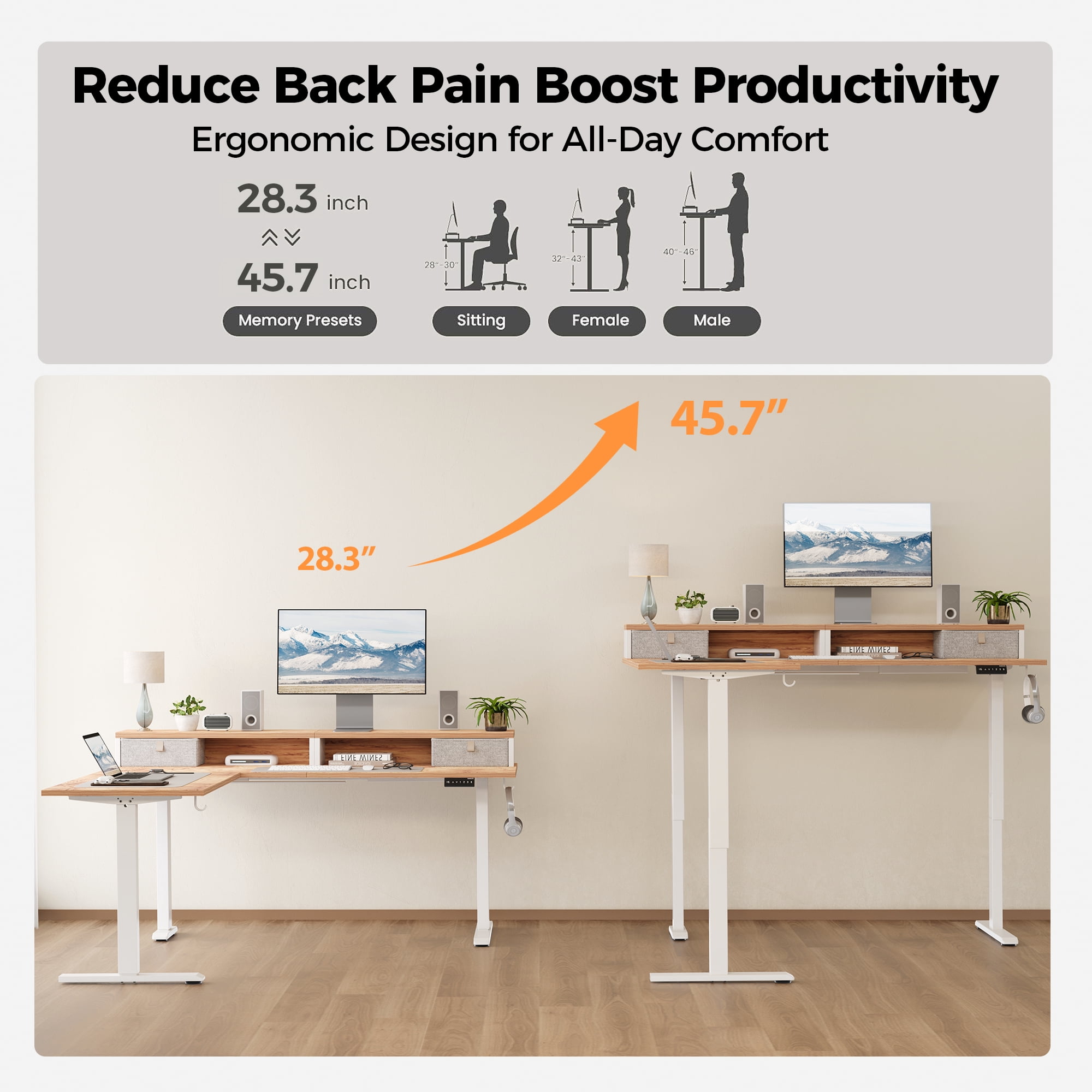 62.9" L Shaped Standing Desk with Drawers & Monitor Shelf, Electric Height Adjustable Corner Desk, Ergonomic Home Office Computer Desk with Hooks & Cable Management,Light Rustic Brown