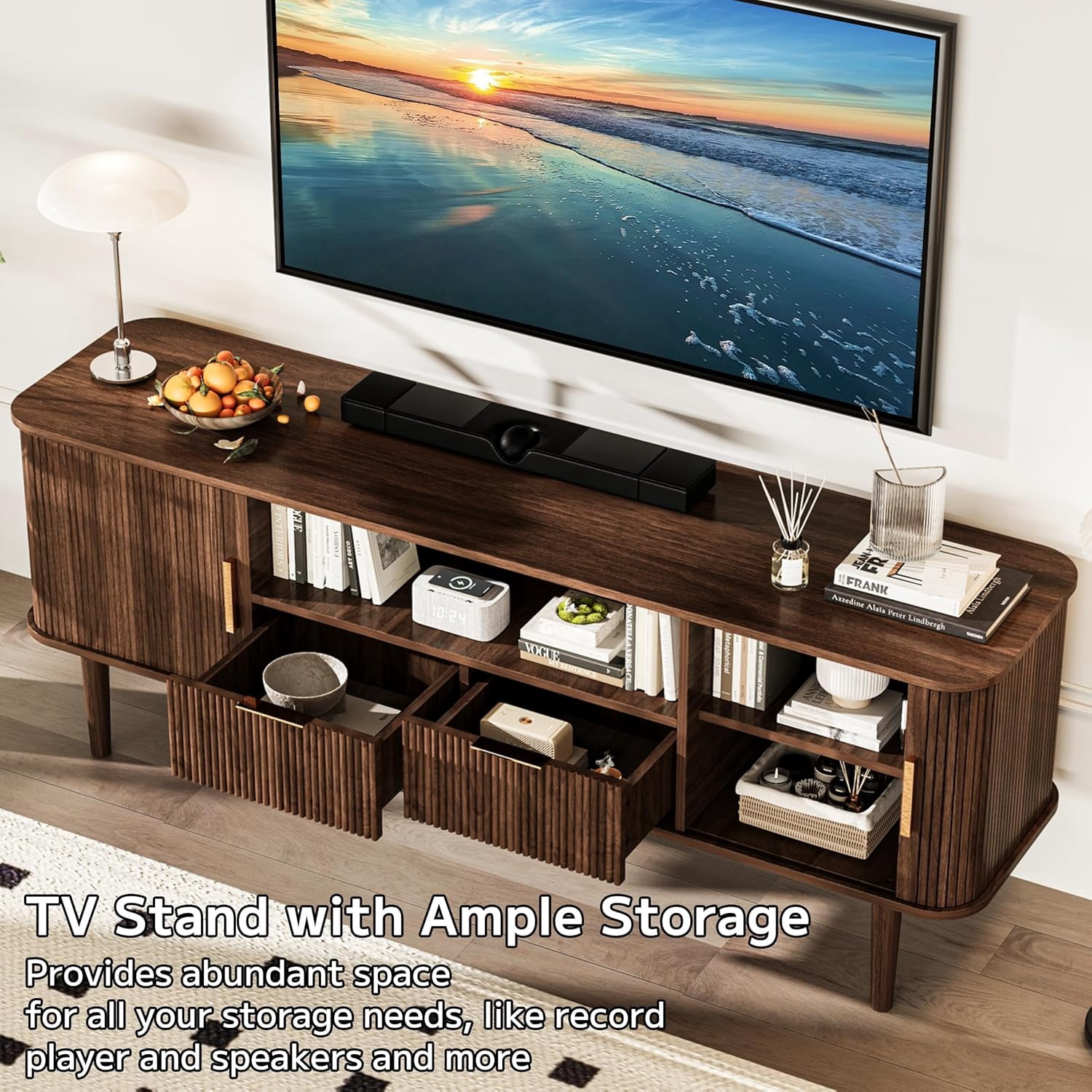 TV Stand 62.4 Inch Mid Century Modern Media Console Table with Drawer Shelves Sliding Tambour Door Farmhouse Sideboard Buffet Cabinet Fits TVs up to 75 inch Fluted Wood Entertainment Center