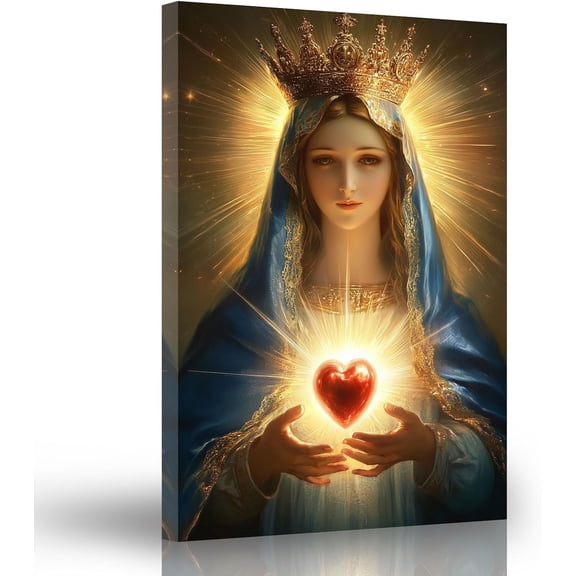 ZHONGYUTONG Virgin Mary Wall Art Catholic Canvas Prints Immaculate Sacred Heart of Mary Picture Christian Artwork for Bedroom Religious Decor Framed (12.00" x 18.00")