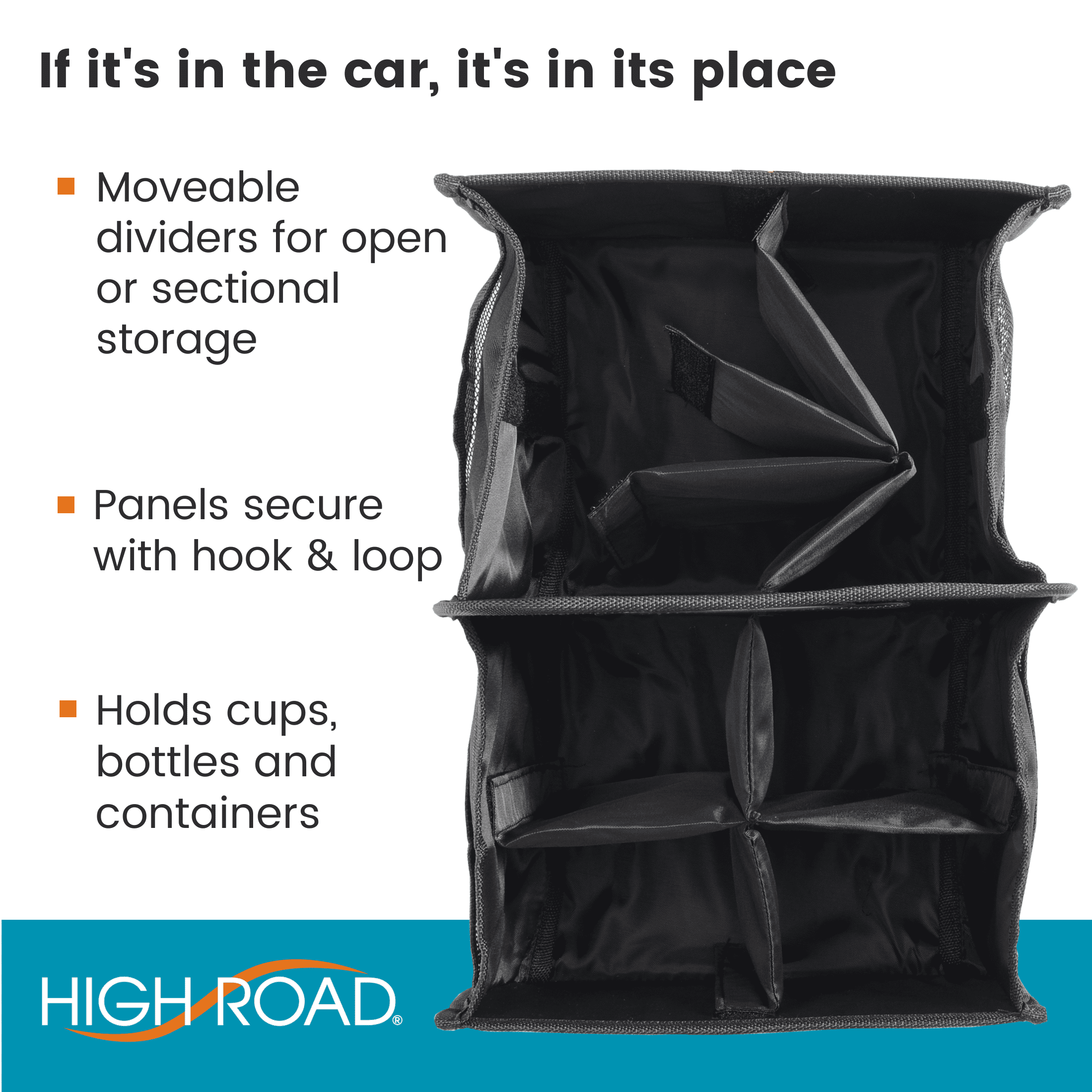 High Road Car Seat Organizer for the Front Passenger or Back Seat with Cup Holder Dividers and Easy Carry Handle Black