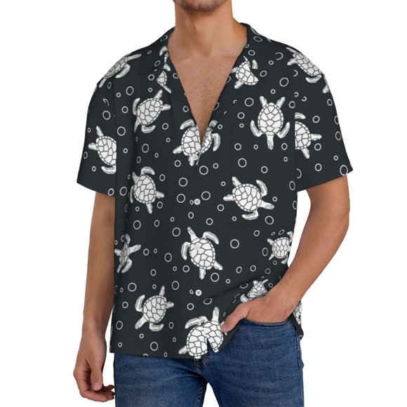 Lsque Turtle print Men's Cuban Collar Short Sleeve Shirt Summer Beachwear Casual Button Down Fashionable Vacation Leisure Shirt-XX-Large