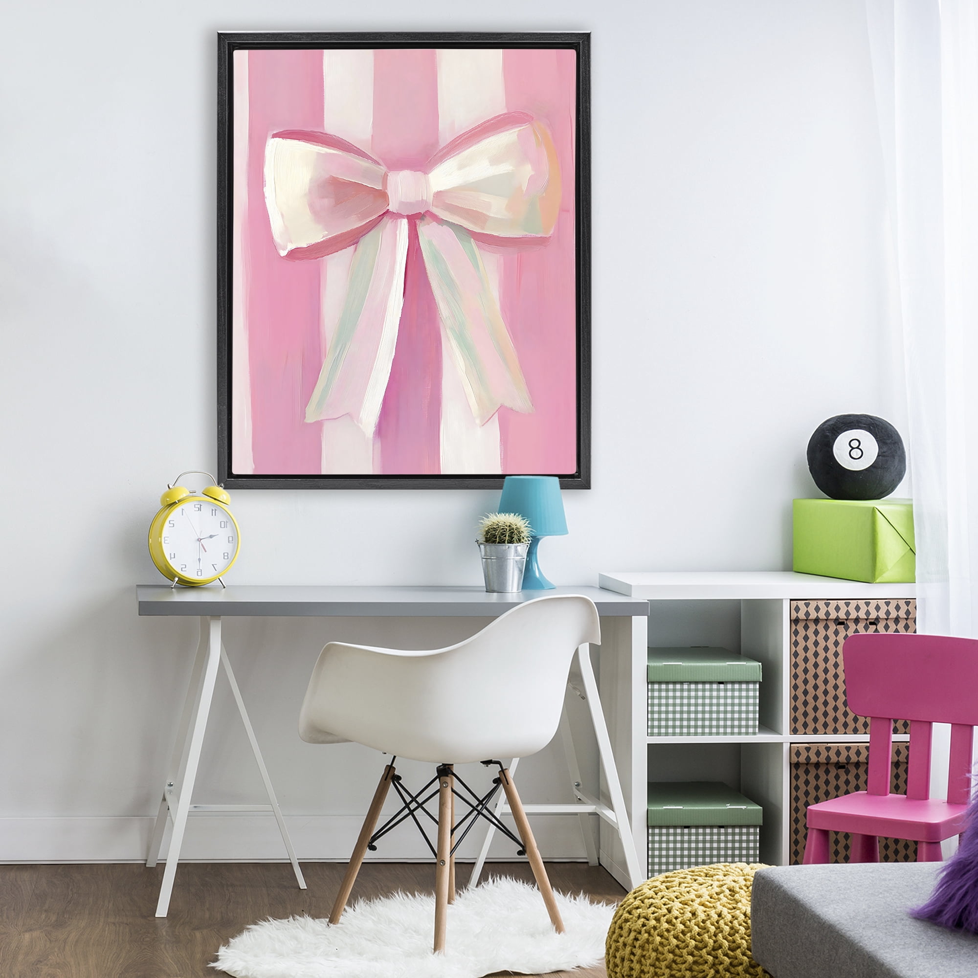 Stupell Industries Preppy Pink Bow on Stripes Black Framed Floater Canvas Wall Art, design by The Prints Vibe