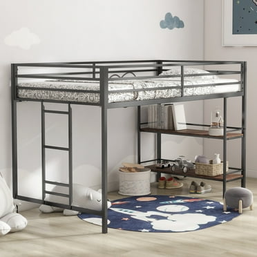DreamBuck 49'' Tall Junior Metal Loft Bed with Shelves, Metal Loft Bed Twin with Ladder and Full-Length Guardrails, Twin Loft Bed for Kids, Teens, Boys, Girls, No Box Spring Required, Noise Free