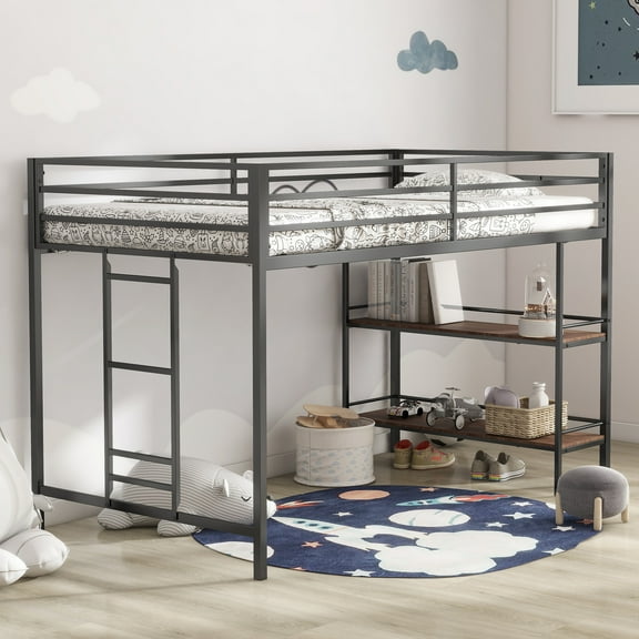 DeepRoar Sturdy Junior Twin Loft Bed Black with Cinnamon Wood Shelf for Teens, Space Saving, Loft Bed with Easy Climbing Ladder and Guardrails, Loft Bed Frame for Bedroom