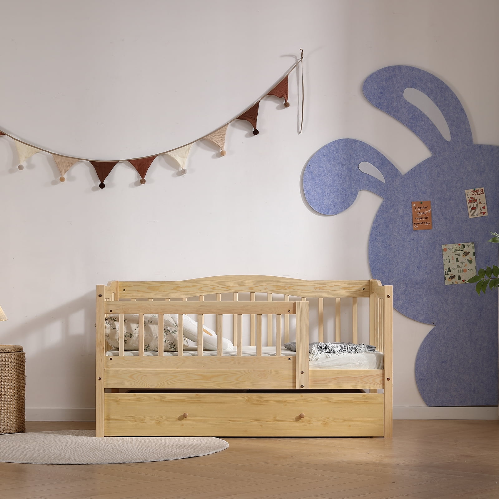 Ktaxon Toddler Daybed with Storage Drawers, Wood Kids Platform Bed Frame with Rails, No Box Spring Needed, Easy Assembly - Natural Wood