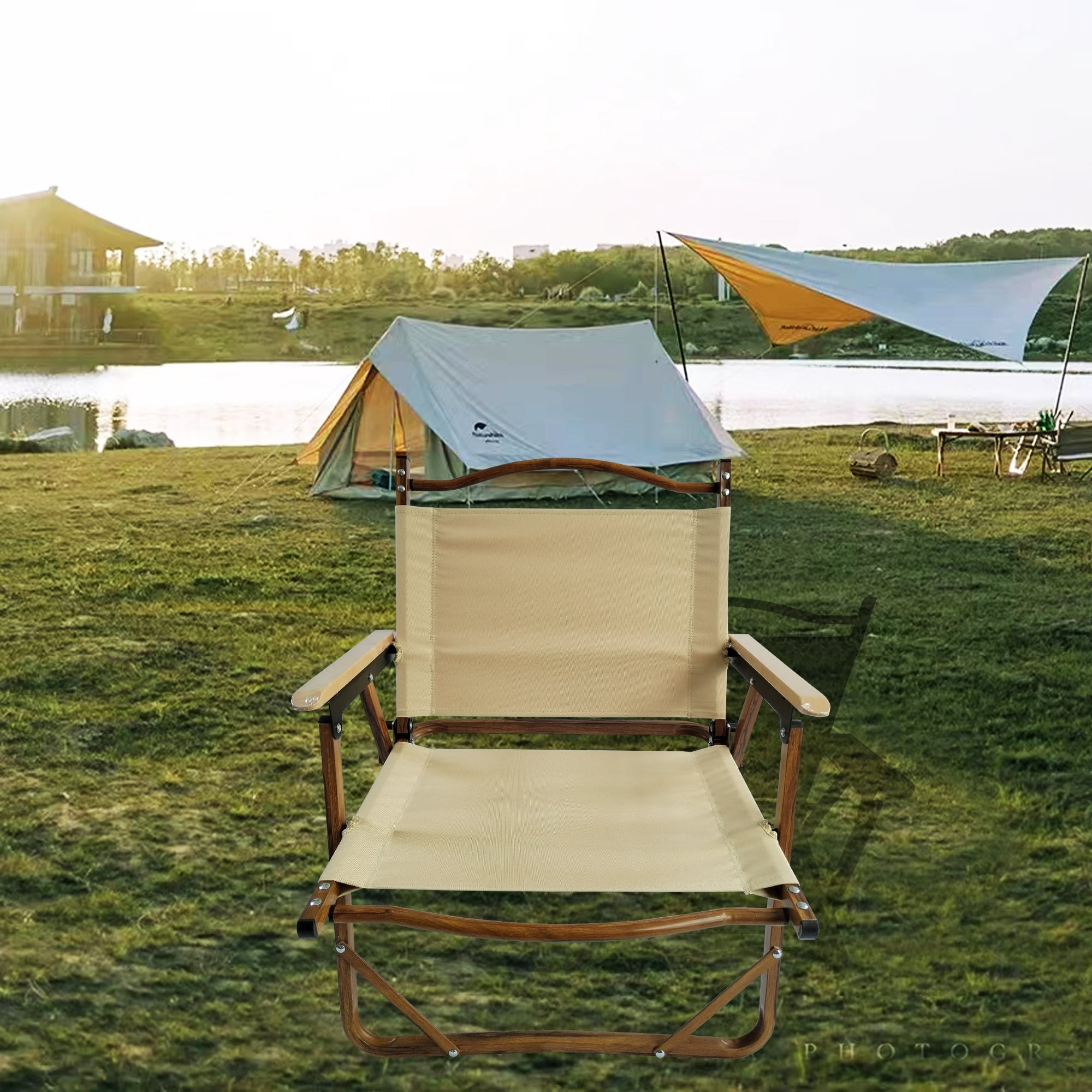 Foldable Portable Chair Set of 4,Camping Chair Directors Chair with Armrests Aluminium Frame for Beach,Picnic,Lawn,Natural02