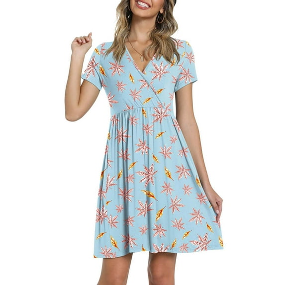 XXLvision Womens Wrap V Neck Short Sleeve Floral Vacation Mini Dress
