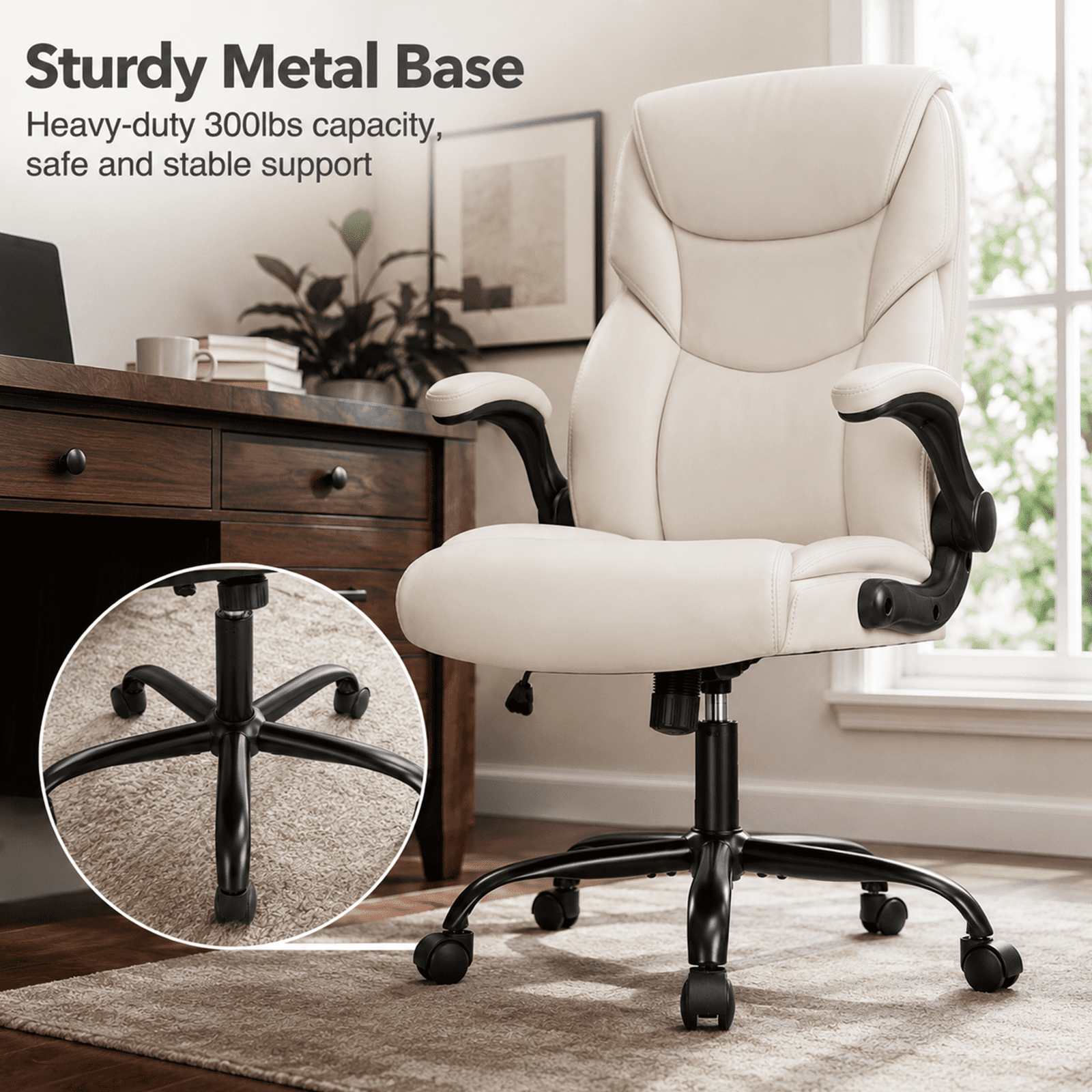 Alvantor PU Leather Executive Office Chair, Ergonomic Big and Tall Computer Desk Chairs, Breathable Leather Chair with Adjustable Flip-up Armrests, Adjustable Lumbar Support, Heavy Duty 300lbs