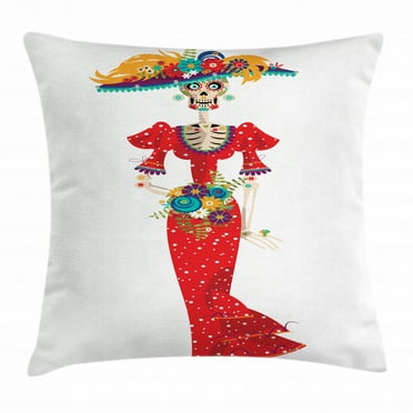 Sugar Skull Throw Pillow Cushion Cover, Hispanic Holiday for Cinco de Mayo Figure Calavera Catrina in Vintage Clothes, Decorative Square Accent Pillow Case, 16 X 16 Inches, Multicolor, by Ambesonne