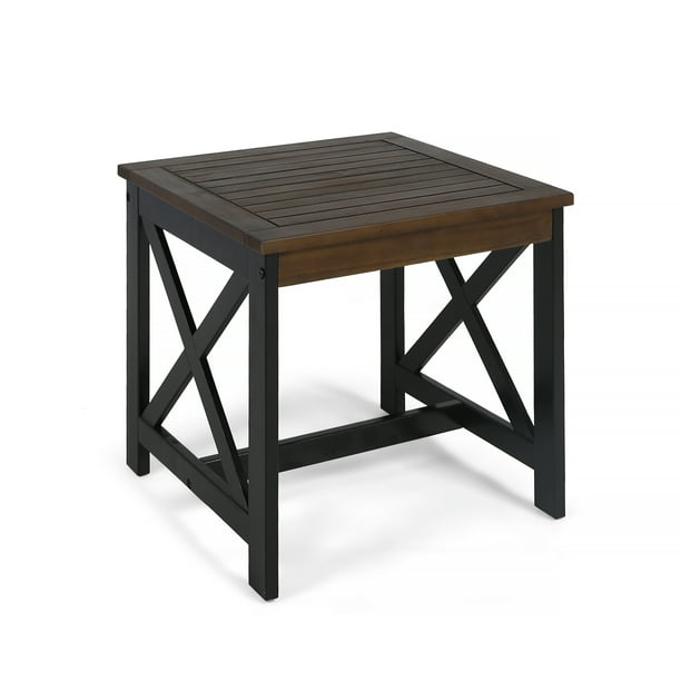 Easton Outdoor Farmhouse Acacia Wood End Table, Dark Brown, Black