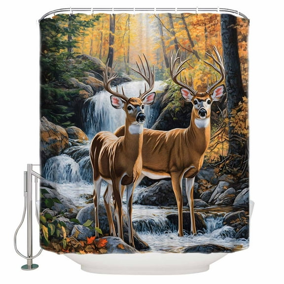 Autumn Forest Deer Shower Curtains for Bathroom Waterproof Fabric Bath Curtains Decor Bath Tub Curtain Vintage Elk River Decorative Shower Curtain Sets with 12 Hooks, 72x72 Inch