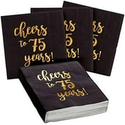 50 Pack Cheers to 75 Years Black and Gold Paper Cocktail Napkins - 75th Birthday or Anniversary Napkins, 5 x 5 Inches for Party Supplies and Table Decoration