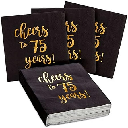 75th Birthday Paper Cocktail Napkins - 5 x 5 In, 3-Ply, Black & Gold -Pack of 50 - Cheers to 75 Years Foil Print - 75th Anniversary Napkins & Decor$$Home Decor, Kitchen, & Other