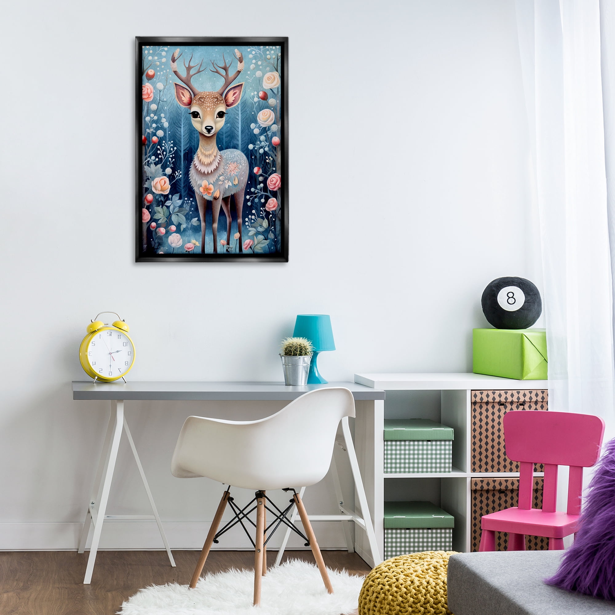 Stupell Industries Woodland Pattern Deer Animals & Insects Painting Black Floater Framed Art Print Wall Art, 21 x 31