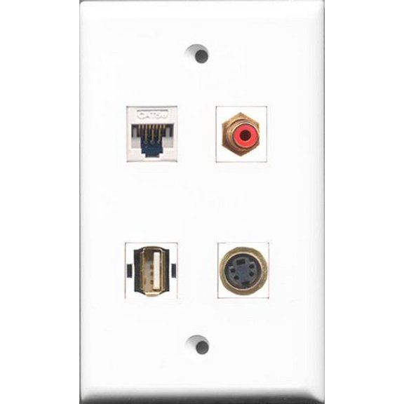 RiteAV 1 Port RCA Red and 1 Port USB A-A and 1 Port S-Video and 1 Port Cat5e Ethernet White Wall Plate