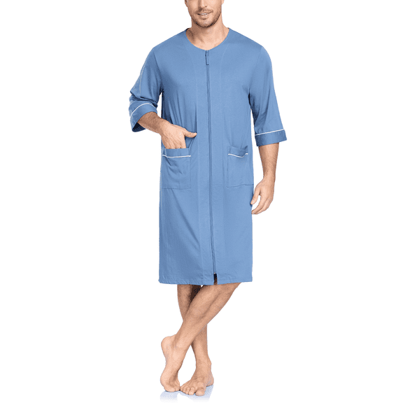 MAYFISH Men's Cotton Robe Short Sleeve Lightweight Summer Bathrobes for Men Zip up House Coat with Pockets(Blue,Large )