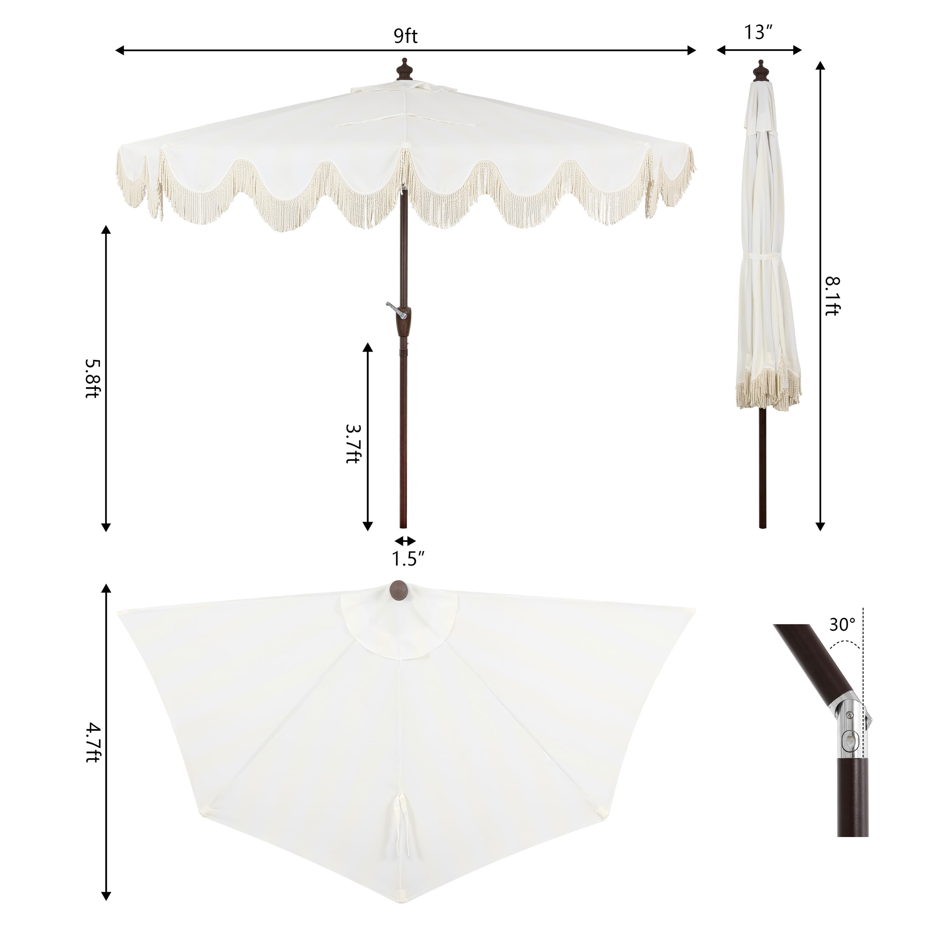 JONATHAN Y Beverly 9 ft. Half Market Patio Umbrella, Designer Classic Scalloped Fringe with Crank, Tilt Button and UV Protection, Cream/White, Dark Brown Pole