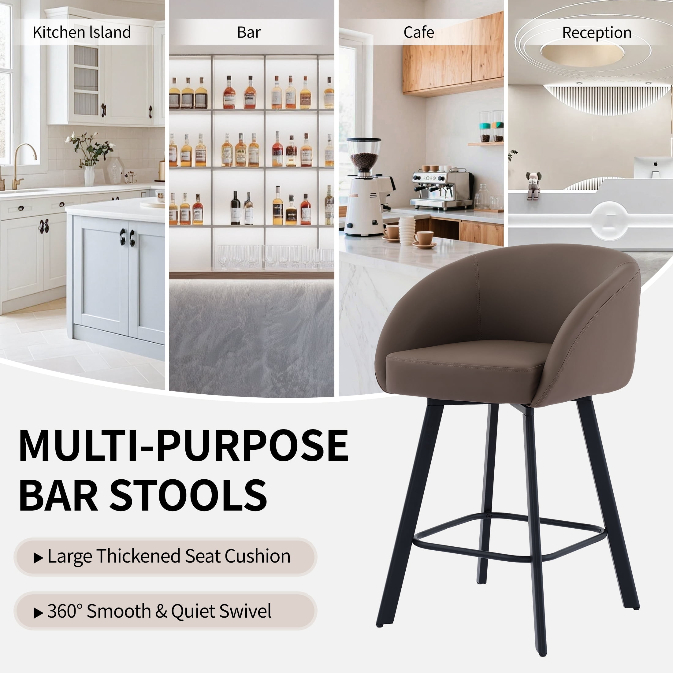 FIRAVOE Bar Stools Set of 2, Swivel Counter Height Bar Stools with Back & Arms (26") Faux Leather Bar Chairs for Kitchen Island, Coffee Brown