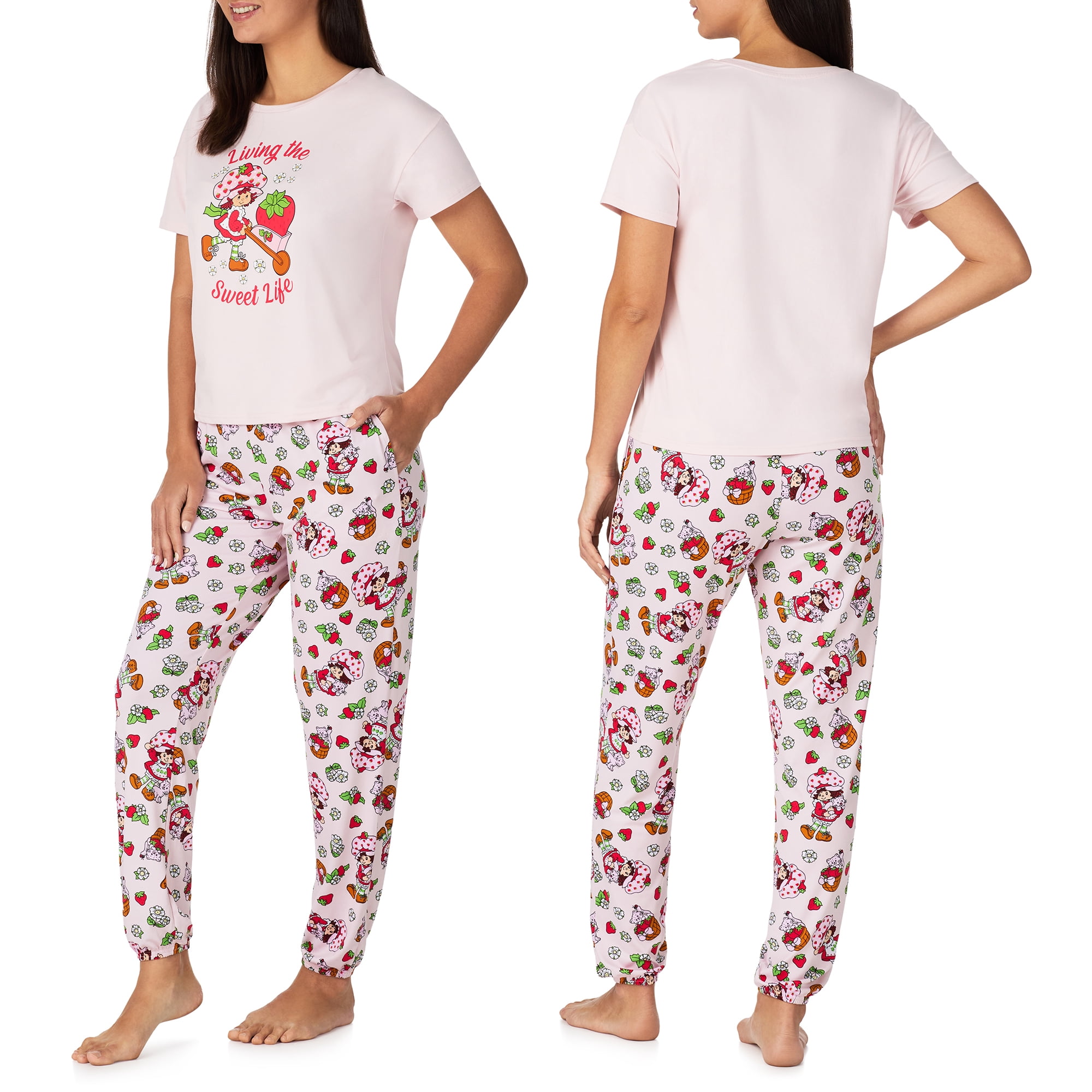 Richard Leeds International Womens Strawberry Shortcake Matching 2 Piece Short Sleeve Pajama Top & PJs Jogger Pants Set with Pockets - Soft & Cozy Sleep & Loungewear Pajamas Sets for Women, Pink L