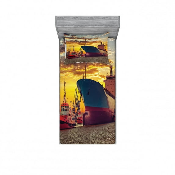 Nautical Bedding Set with Sheet & Covers, Giant Transportation Ship Escorting Tugs Leaving Port City Water at Sunset Marine, Printed Bedroom Decor 2 Shams, 4 Sizes, Multicolor, by Ambesonne