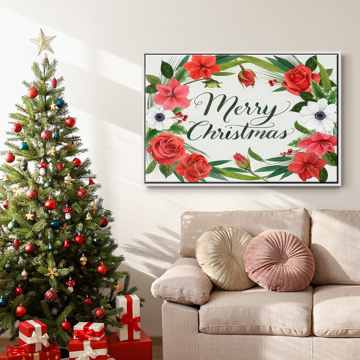 Christmas Flora Wreath Collection A - Framed Gallery Wrapped Holiday Canvas - 27 x 41 - White Frame