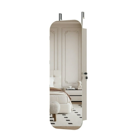 Jewelry Armoire Organizer with Full Length Door or Wall Mounted Lockable Storage Cabinet Interior Mirror White