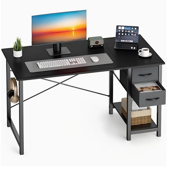 BoldDeco Teen Lap Desks with 2 Adjustable Fabric Storage Drawers, 47 in x 20 in, Black