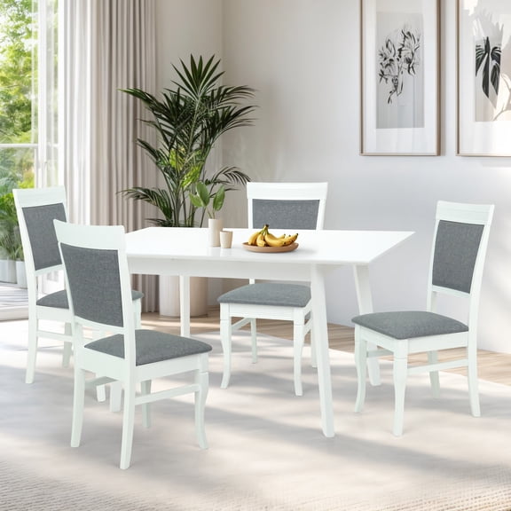 Dining Table Set for 4, Classic Style Solid Wood Ronda Chairs w Extendable Rectangular Table, Kitchen Room Set, White Color w Gray Fabric