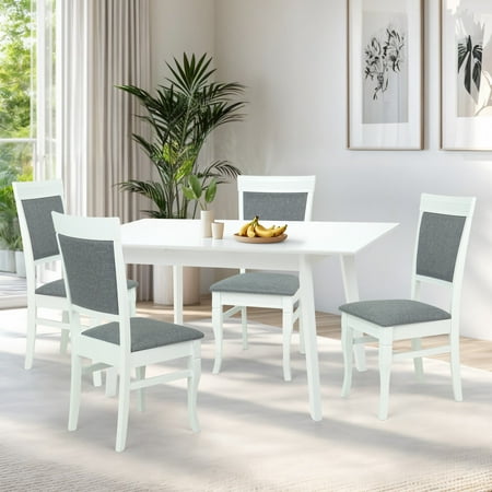Dining Table Set for 4 Classic Style Solid Wood Ronda Chairs w Extendable Rectangular Table Kitchen Room Set White Color w Gray Fabric