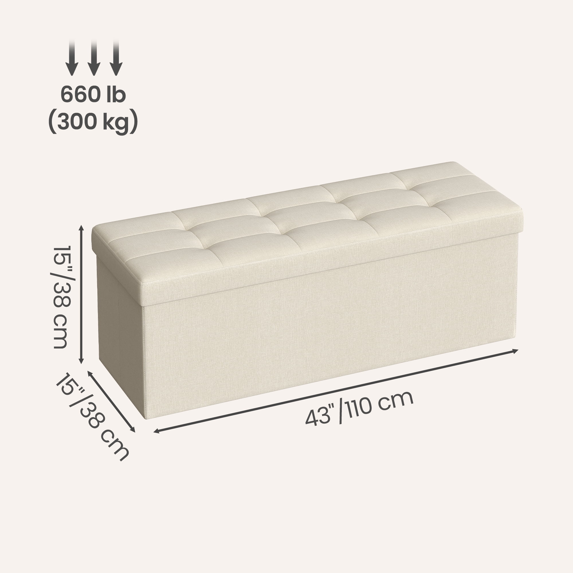 Ledrem Cream White Folding Storage Ottoman Bench with 660lb Capacity, Ottoman with Storage, Footrest