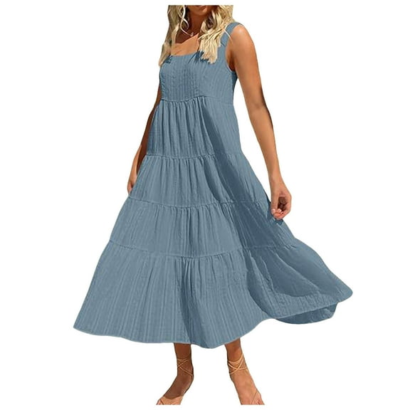 Women's 2024 Summer Casual Short Flutter Sleeve Crew Neck Smocked High Waist Flowy Maxi Dress