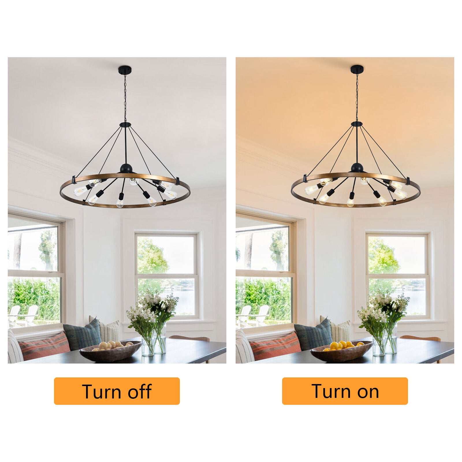 39.3" 8-Light Farmhouse Large Wagon Wheel Chandelier Modern Black Metal Industrial Round Hanging Pendant Light Fixture for Living Room Bedroom Entryway Dining Room