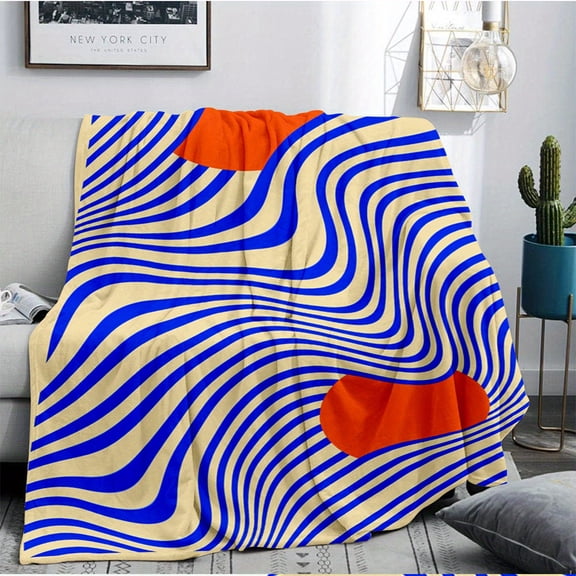 Vibrant Abstract Print Throw Blanket – Soft, Breathable Polyester with Bold Blue & Orange Wavy Patterns – Cozy All-Season Comfort for Couch, Bed, or Outdoor Use