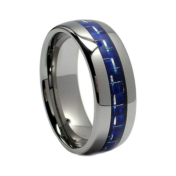 Metal Masters Mens 8mm Dome Tungsten Carbide Ring Wedding Band Blue Carbon Fiber Inlay