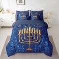 thumbnail image 2 of Feelyou Western Happy Chanukah Bedding Comforter Set 7pcs, Menorah Dreidel King Bedding Sets, Blue Olive Branch Reversible Bed Sheets, Microfiber Bedroom Decor, 2 of 7
