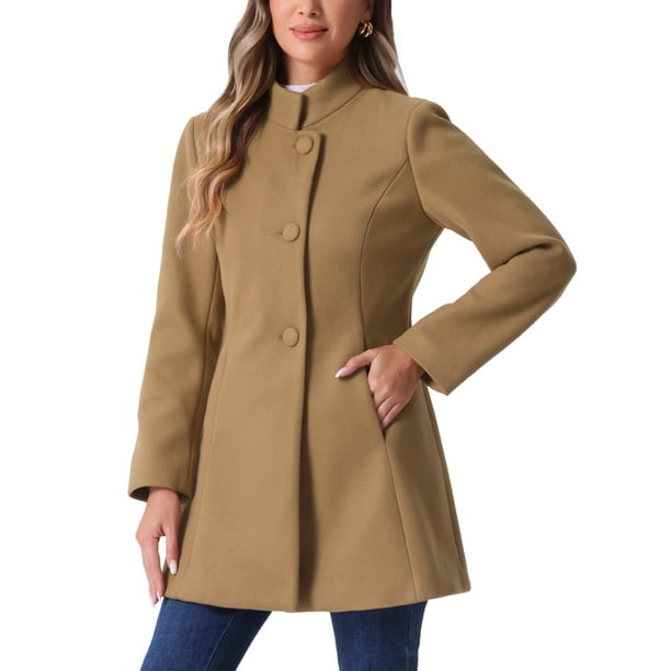 Abrigo de mujer INSPIRE CHIC de longitud media con cuello alto, de un solo botón, abrigo de invierno, color camello, talla S