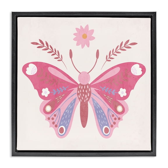 Stupell Industries Bohemian Folk Butterfly in Pink Black Floating Frame Canvas Art, 18 x 18, by Kim Allen