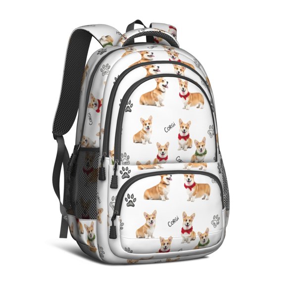 Corgi and Scarf White Pattern Backpack for School, Cute School Bag with Adjustable Shoulder Straps and Padded Back, 16.9"x12.6"x5.9"