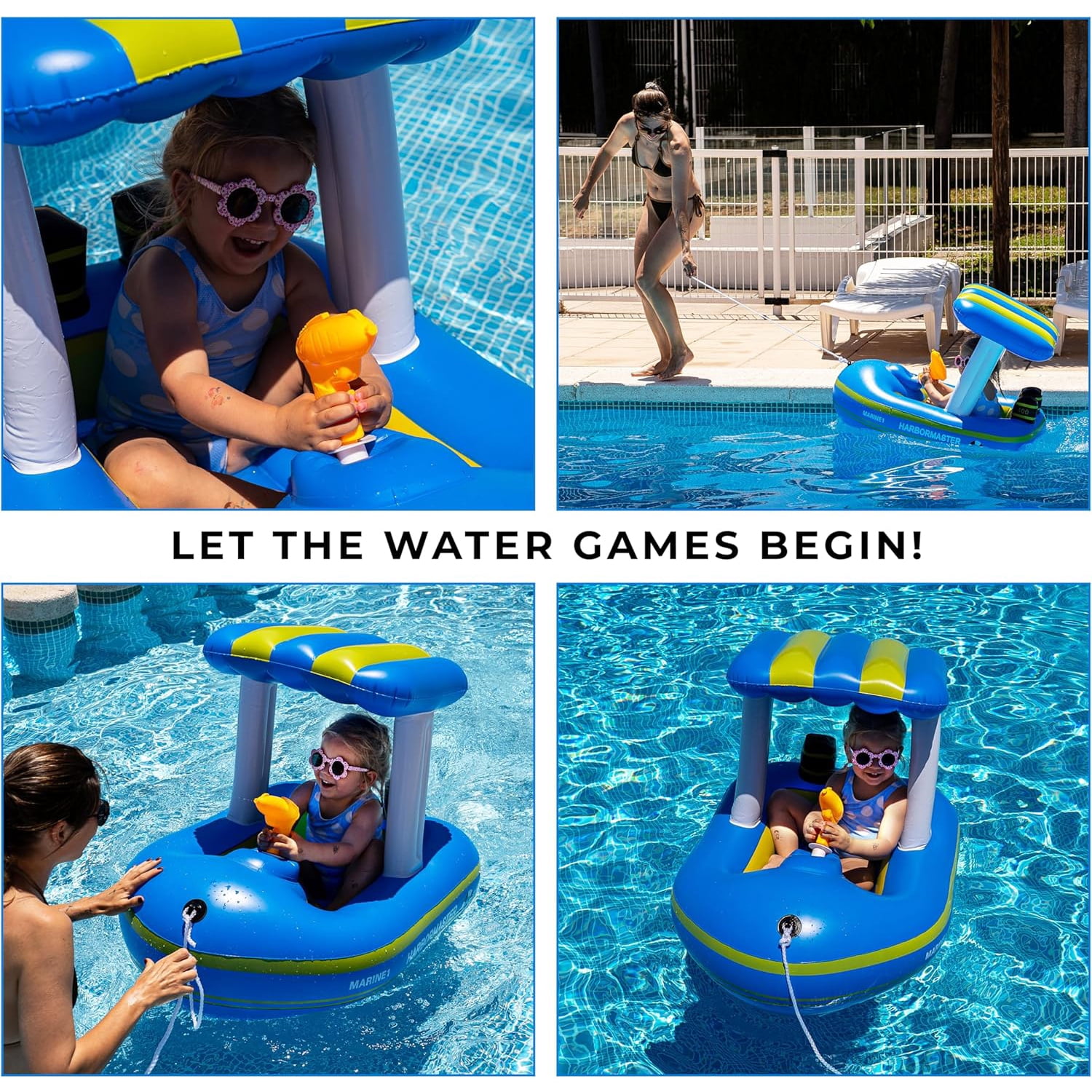 Zone Tech Inflatable Blue Harbor Master Boat Pool Float Ride On with Fun Water Toy Squirter