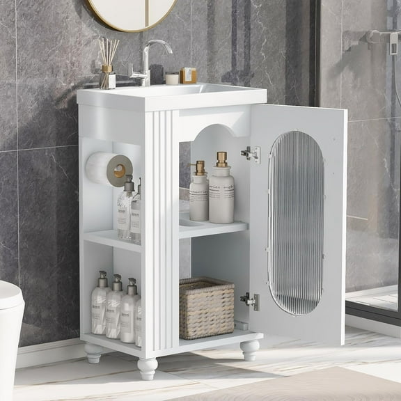 MIDODO 20" Small Bathroom Vanity with Sink, Modern  Wood Bathroom Cabinet with Paper Holder and Glass Door