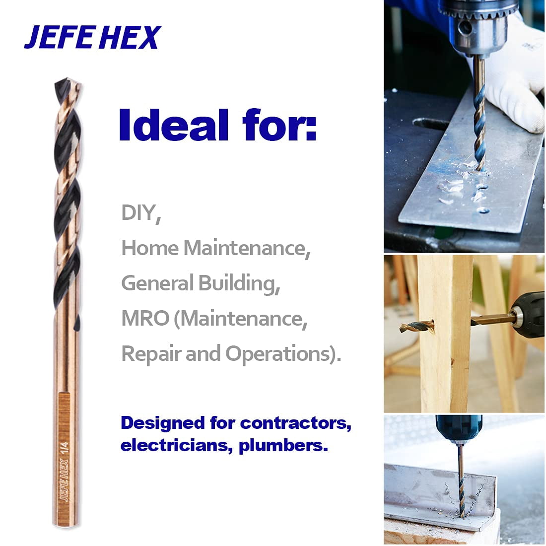 JEFE HEX 1/2" Dia. 5" OAL , 3-Flat Shank HSS Twist Drill Bit, Black and Gold Finish, 135 Degree Split Point (6-Piece)